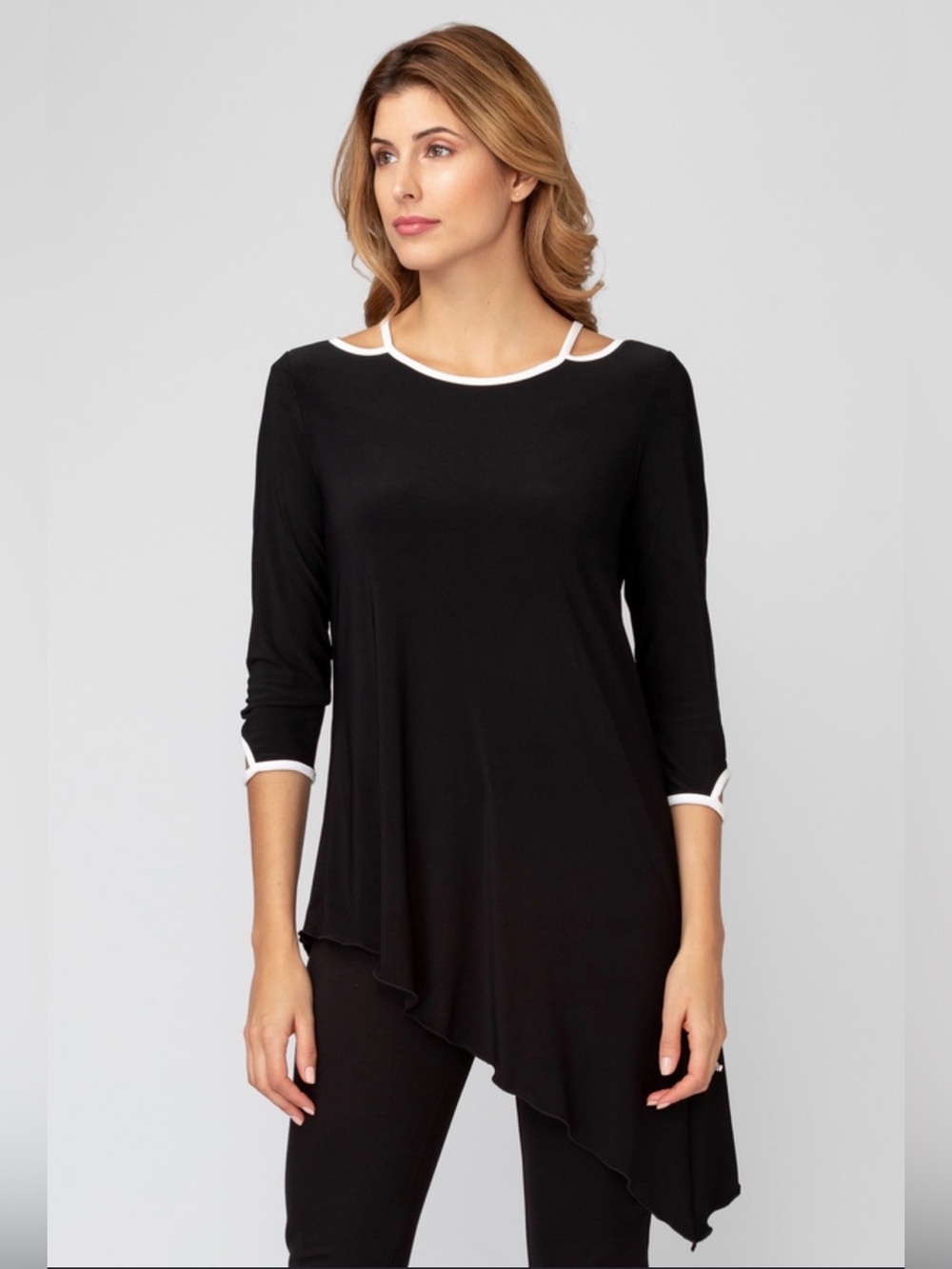 Joseph Ribkoff Black Asymmetrical Tunic with White Trim